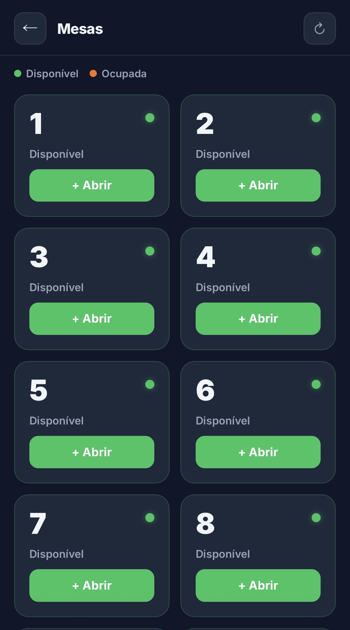 Tela do garçom com todas as mesas disponíveis