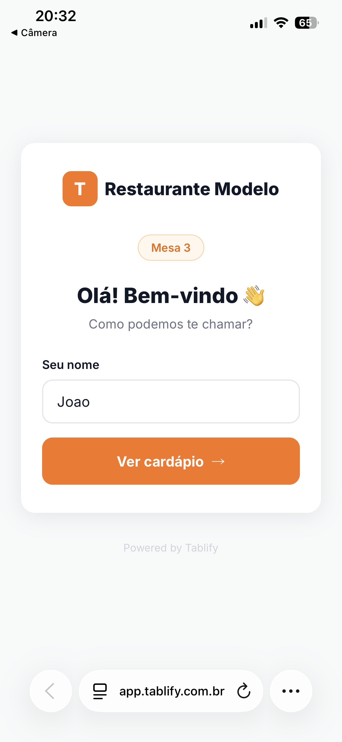 Tela de boas-vindas do cardápio Tablify no celular