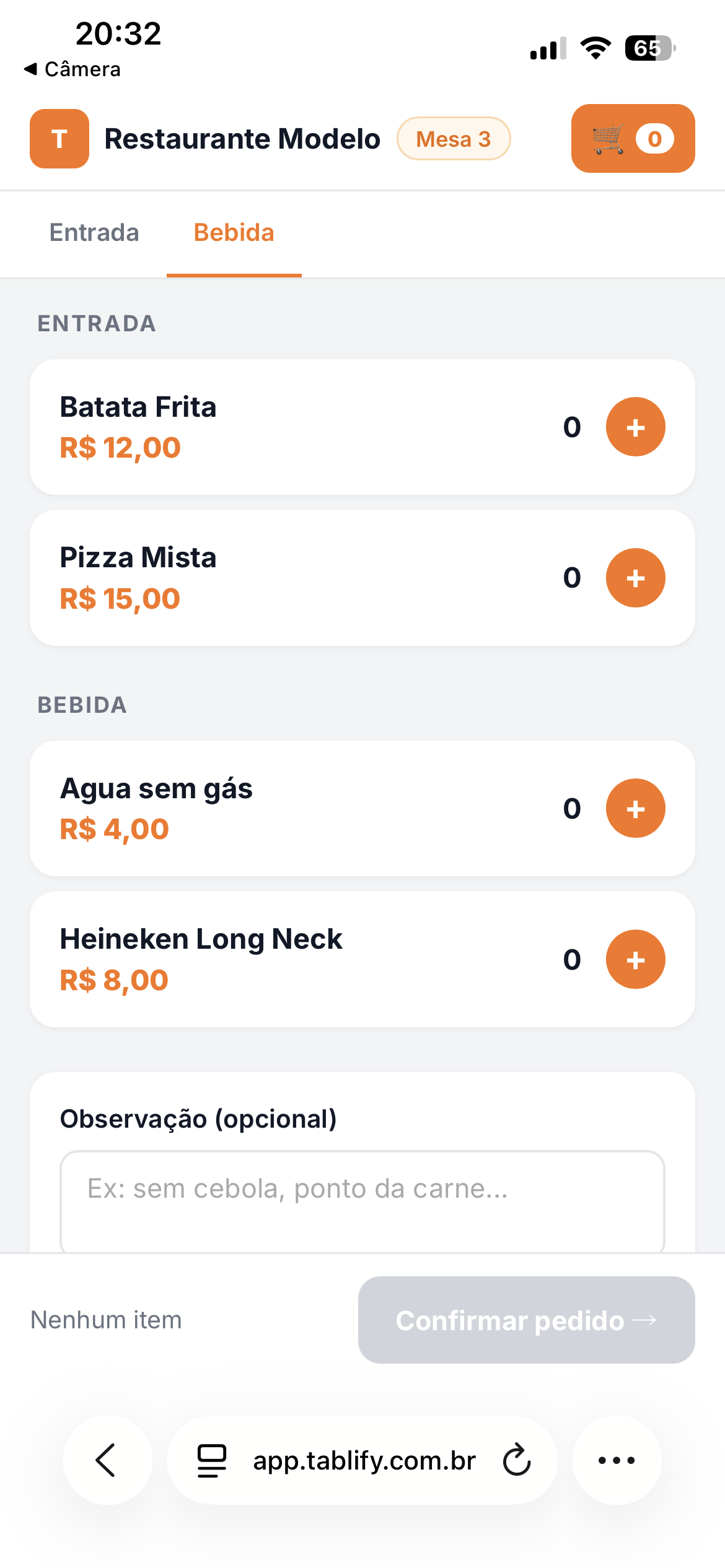 Tela do cardápio digital Tablify com itens e preços
