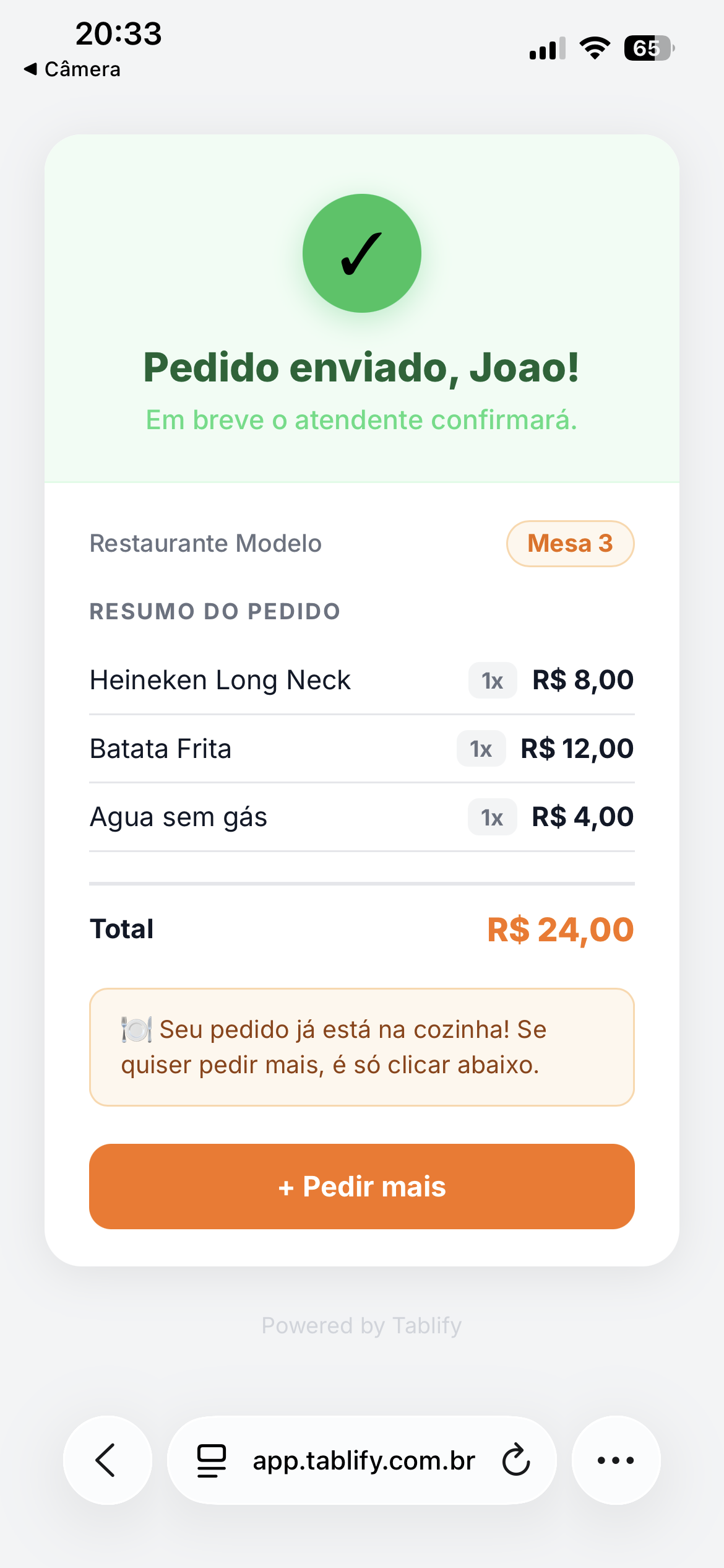 Tela de confirmação do pedido Tablify com total e resumo