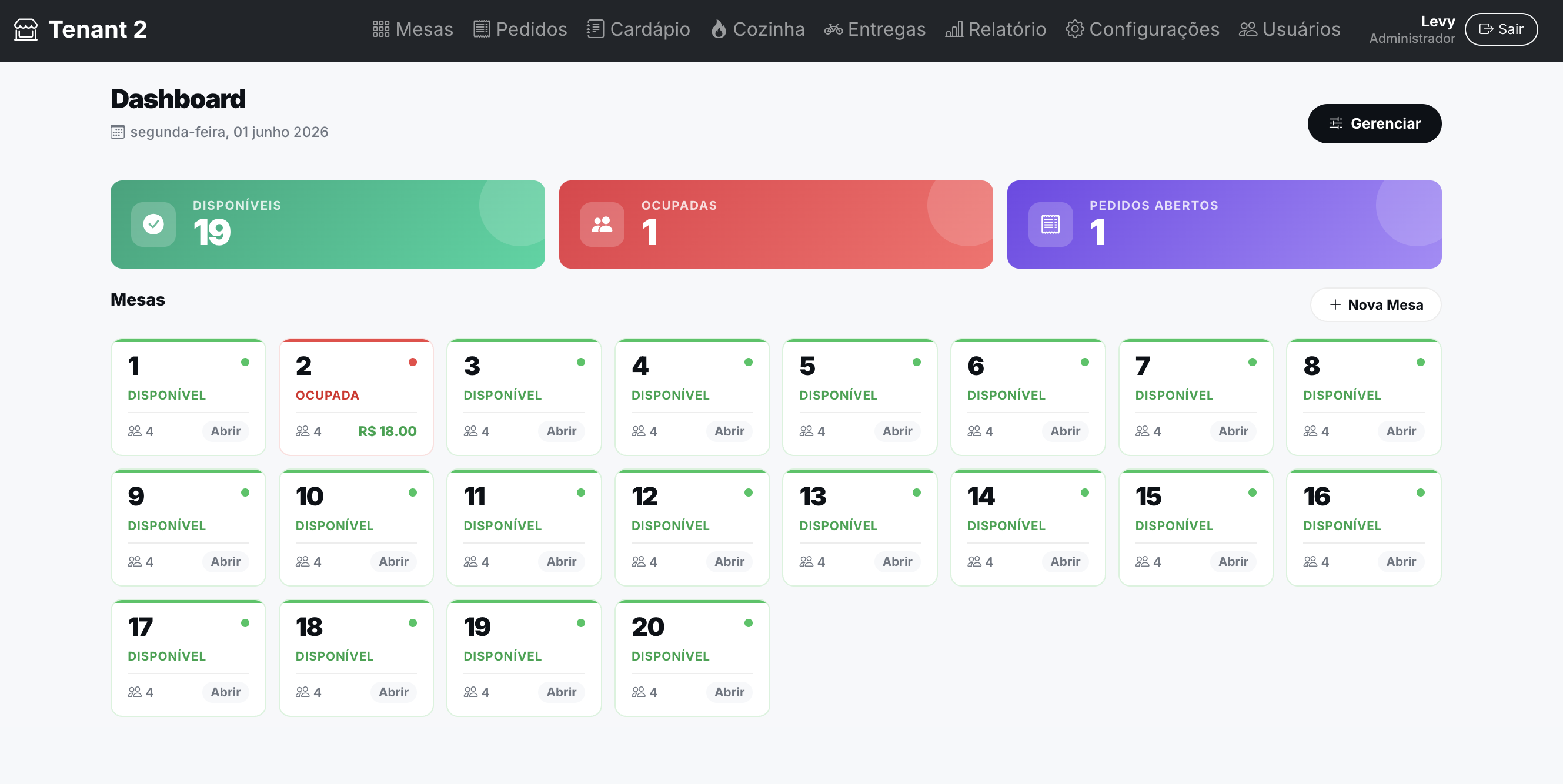 Tela do sistema Tablify — gestão de mesas e pedidos em tempo real
