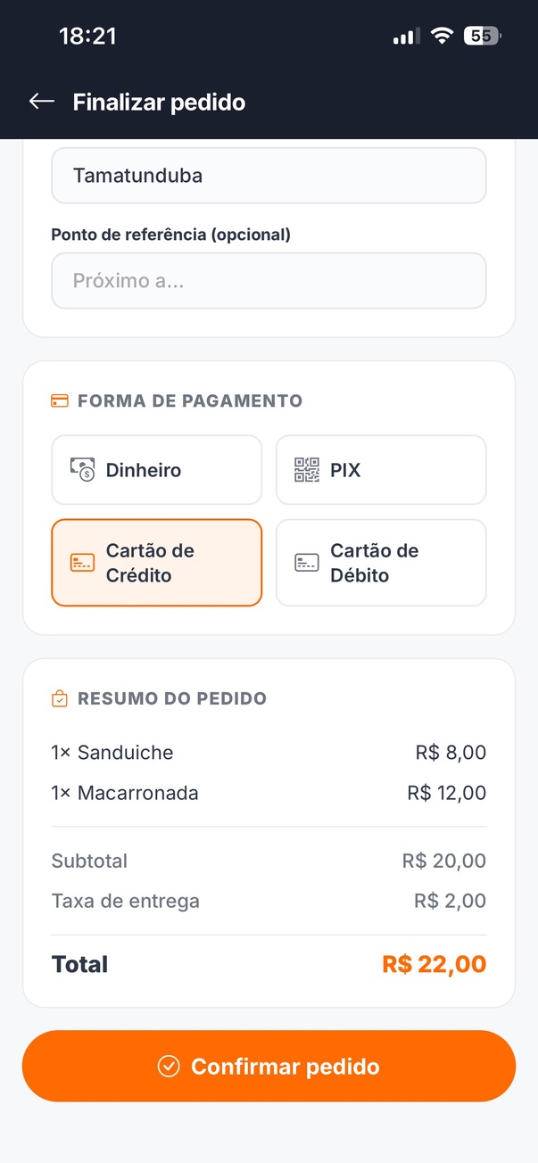 Finalizar pedido delivery Tablify — forma de pagamento e resumo
