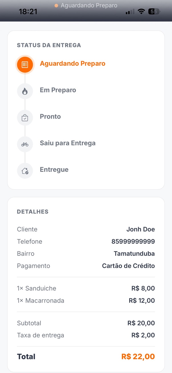 Acompanhamento do pedido em tempo real — timeline de status da entrega