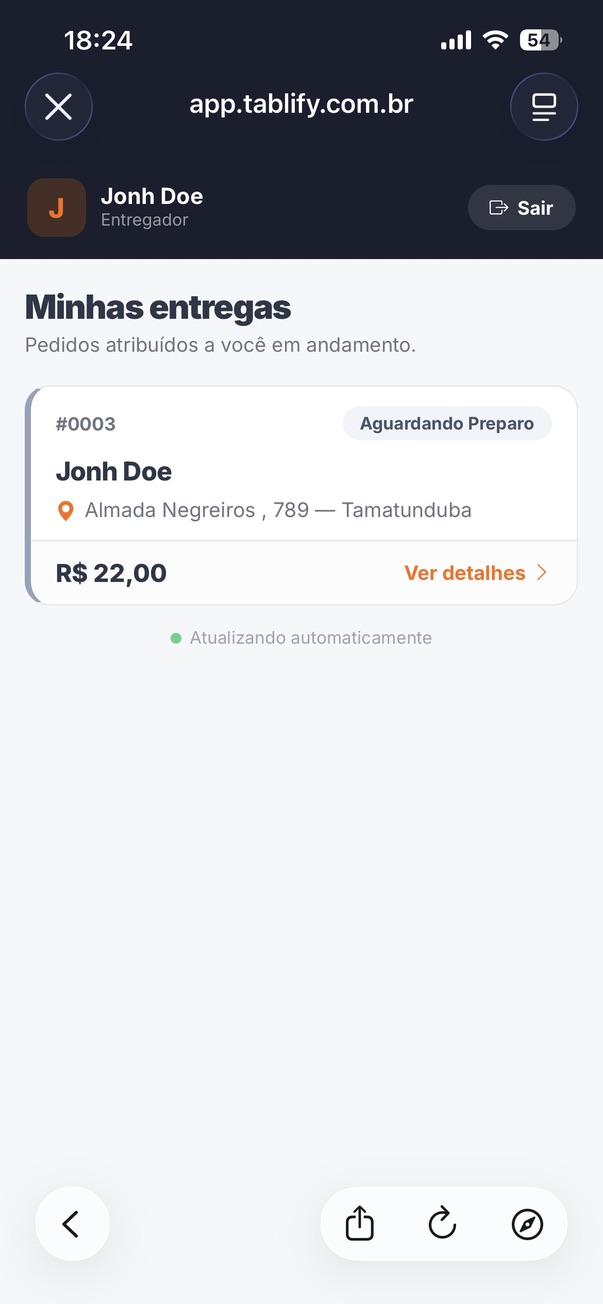 Minhas entregas — lista de pedidos atribuídos ao entregador Tablify