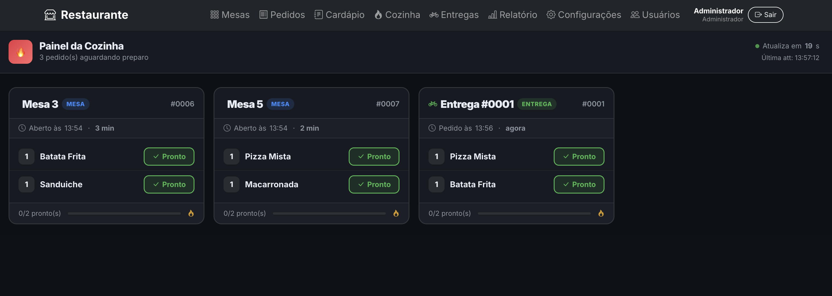 Painel da cozinha do Tablify com pedidos em tempo real